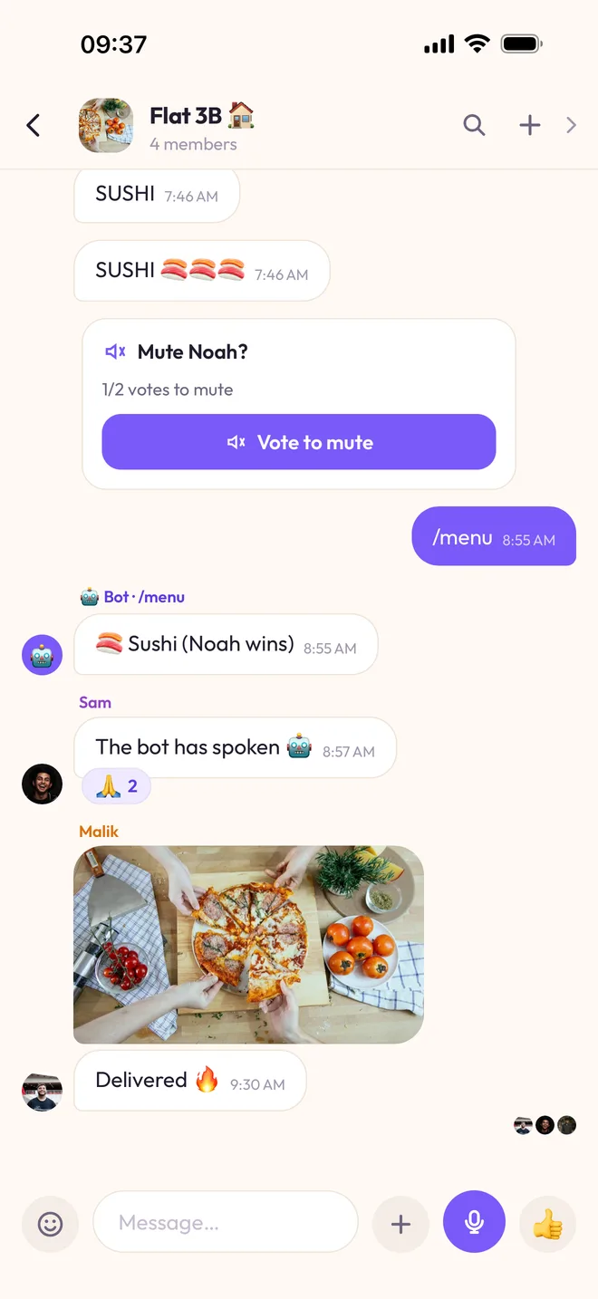 The “Flat 3B” chat: the /menu command sent, the bot answering “Sushi (Noah wins)”, then a photo of a pizza.