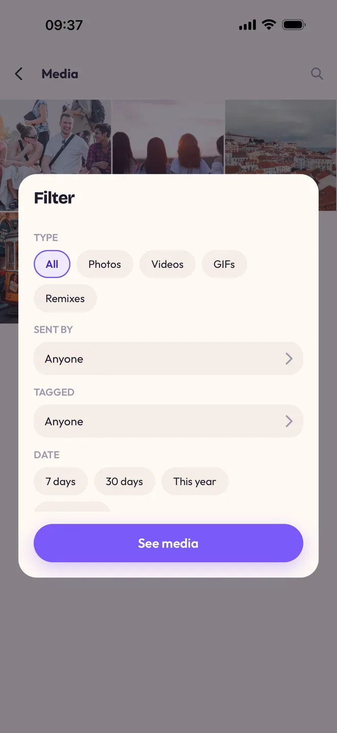 The gallery filters: type (All, Photos, Videos, GIFs, Remixes), sent by, tagged, and date over 7 days, 30 days or this year.