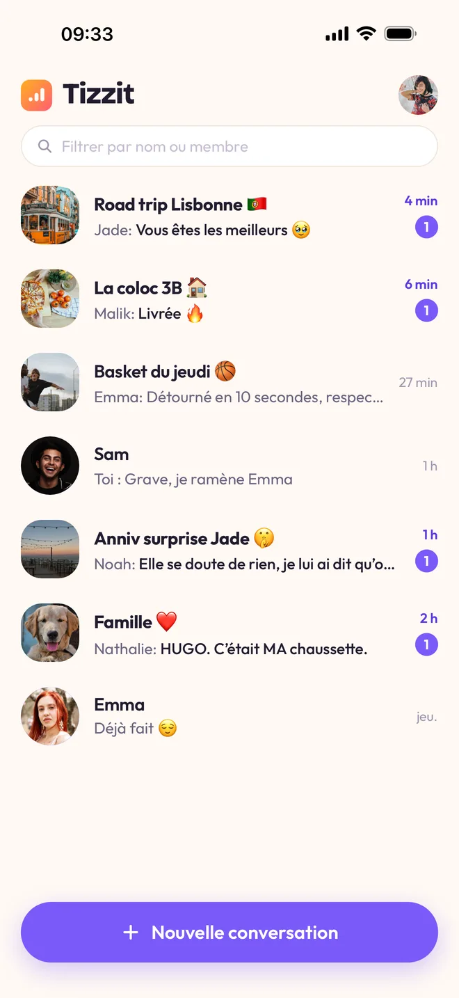 La liste des conversations Tizzit : Road trip Lisbonne, La coloc 3B, Basket du jeudi, Anniv surprise Jade, Famille, et un bouton « Nouvelle conversation ».