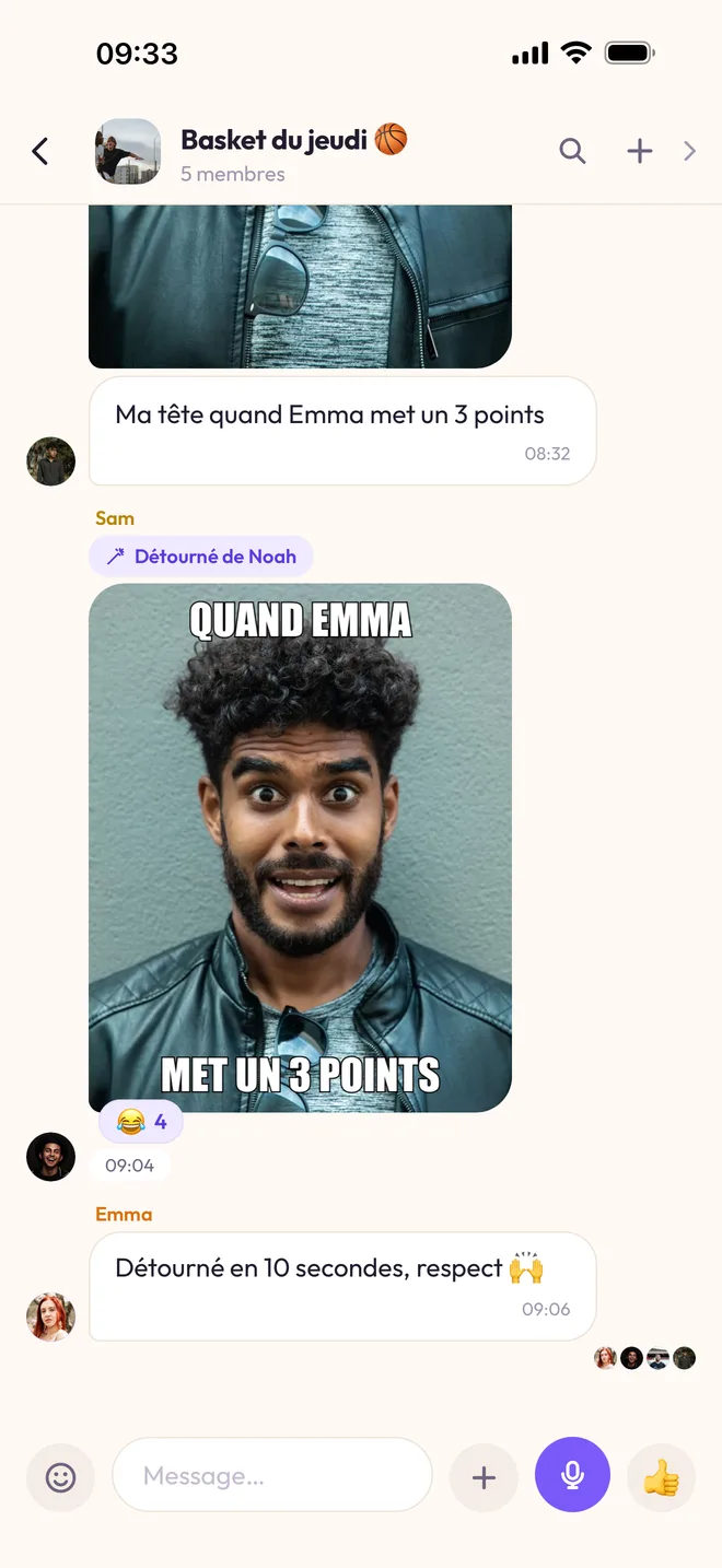 La conversation « Basket du jeudi » : le mème « QUAND EMMA MET UN 3 POINTS », marqué « Détourné de Noah », avec quatre réactions 😂.