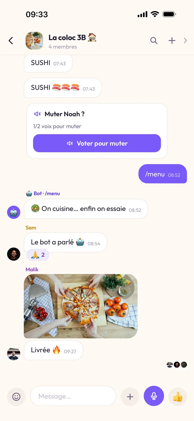 La conversation « La coloc 3B » : la commande /menu envoyée, la réponse du bot « On cuisine… enfin on essaie », puis une photo de pizza.
