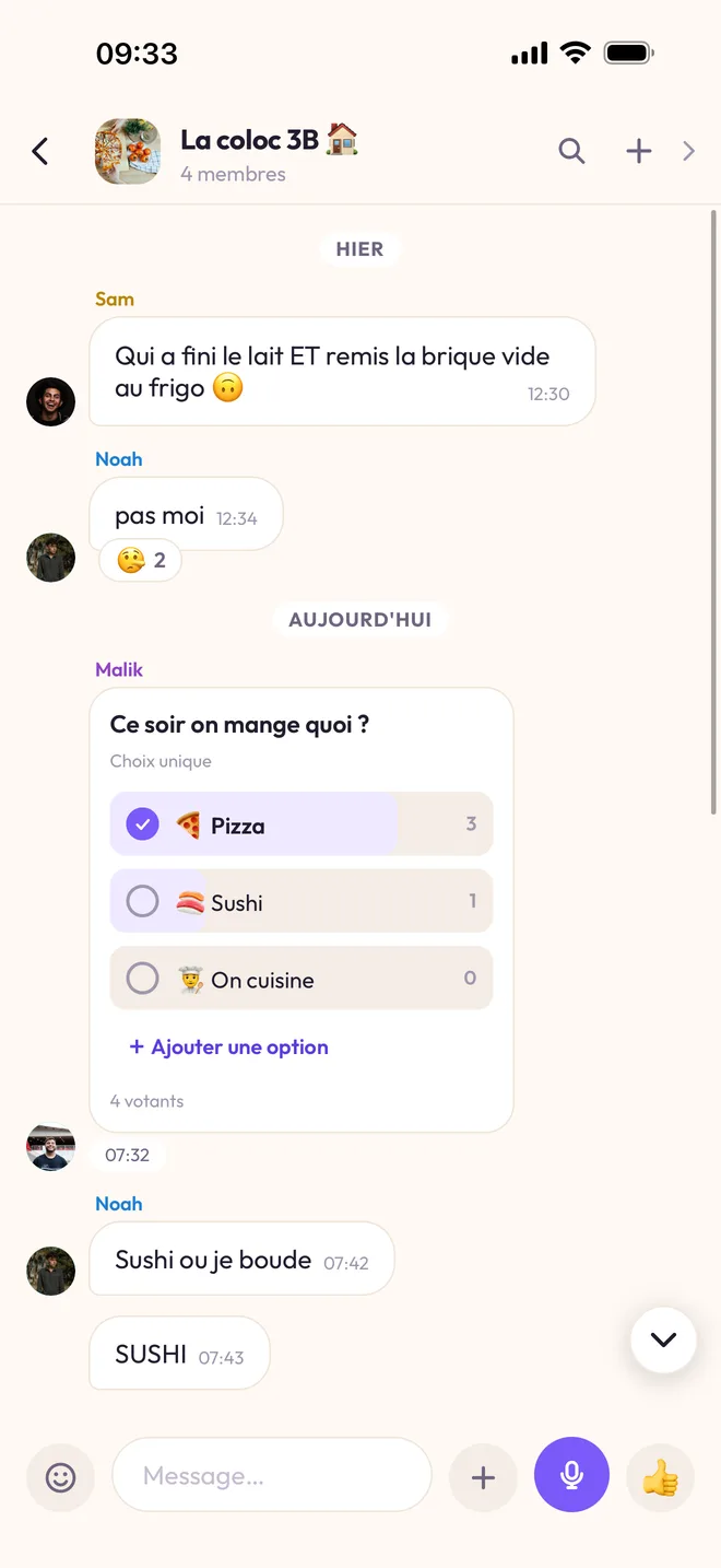 Le sondage « Ce soir on mange quoi ? » dans « La coloc 3B » : Pizza 3 voix, Sushi 1 voix, On cuisine 0 voix, sur 4 votants.