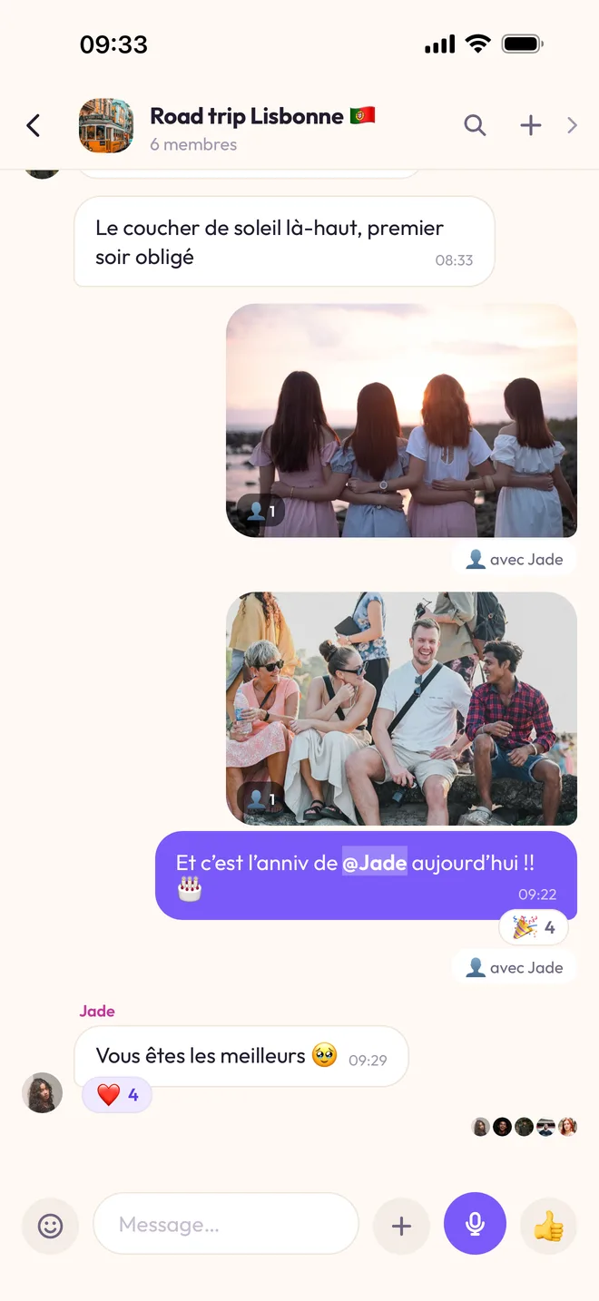 La conversation « Road trip Lisbonne » : deux photos taguées « avec Jade », un message qui mentionne @Jade et des réactions 🎉 et ❤️.