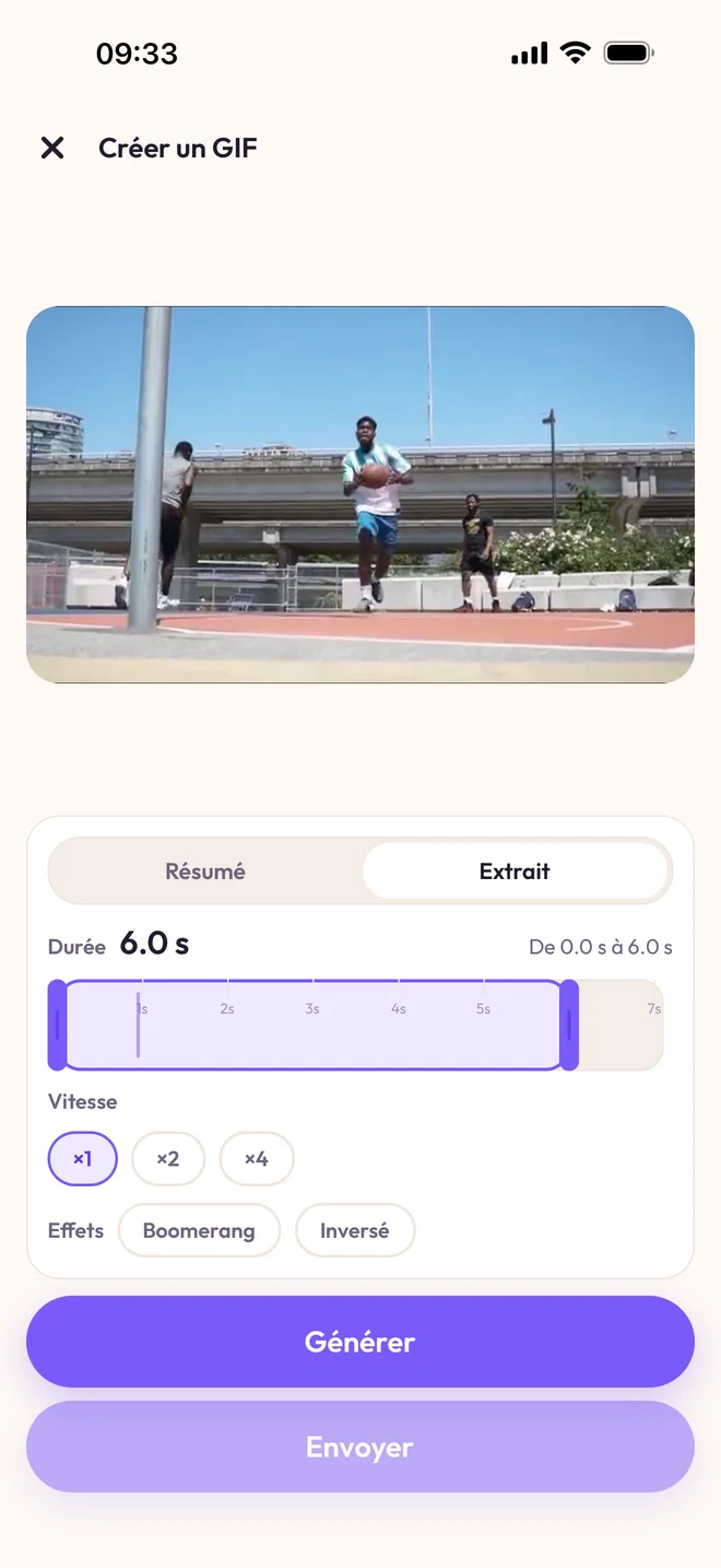 L'écran « Créer un GIF » : l'extrait choisi dans une vidéo de basket, la durée de 6 secondes, la vitesse ×1, ×2 ou ×4, et les effets Boomerang et Inversé.